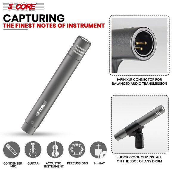 Instrument Microphone Professional XLR Cardioid Pencil Stick Condenser Mic Grey - Picture 7 of 10